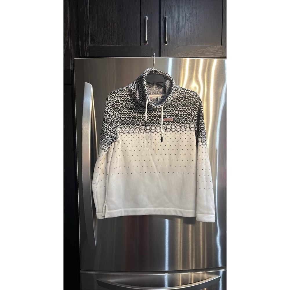 Vineyard Vines Fair Isle Fleece Funnel Neck Womens SZ XXS Black White Sweater